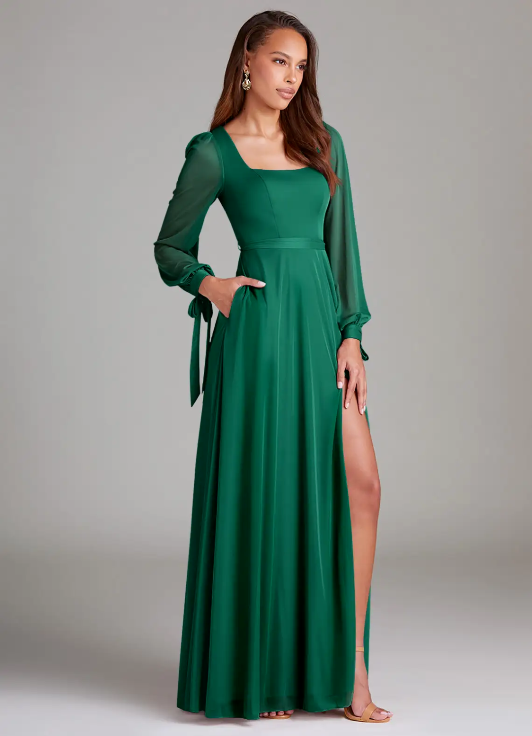 Romantic Flowy Square Neck Long Sheer Sleeve Tie-Back Slit Floor-Length Bridesmaid Dress