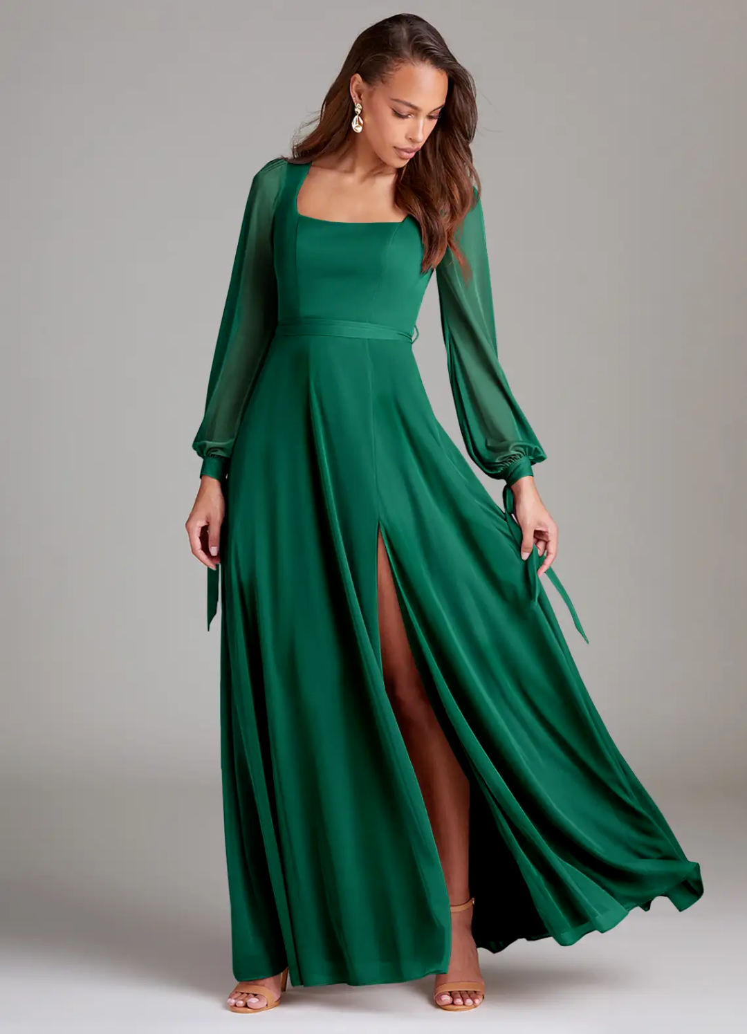 Romantic Flowy Square Neck Long Sheer Sleeve Tie-Back Slit Floor-Length Bridesmaid Dress