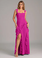 Romantic Flowy Sweetheart Cap Sleeve Cowl Back Floor-Length Ruffled Chiffon Bridesmaid Dress with High Slit