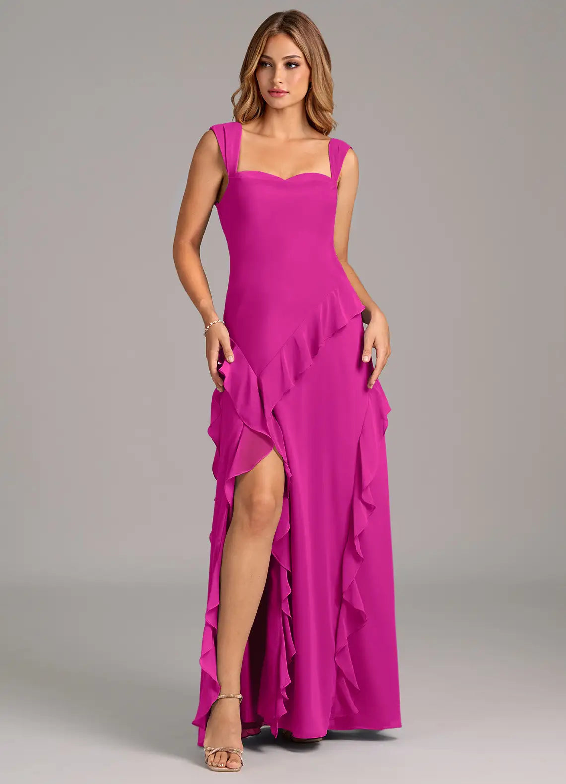 Romantic Flowy Sweetheart Cap Sleeve Cowl Back Floor-Length Ruffled Chiffon Bridesmaid Dress with High Slit