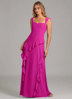 Romantic Flowy Sweetheart Cap Sleeve Cowl Back Floor-Length Ruffled Chiffon Bridesmaid Dress with High Slit