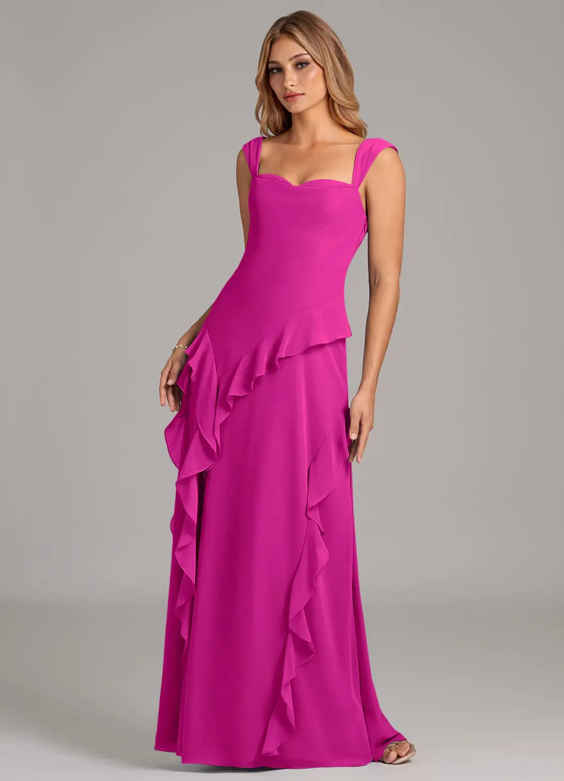 Romantic Flowy Sweetheart Cap Sleeve Cowl Back Floor-Length Ruffled Chiffon Bridesmaid Dress with High Slit