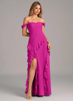 Romantic Flowy Sweetheart Cap Sleeve Cowl Back Floor-Length Ruffled Chiffon Bridesmaid Dress with High Slit