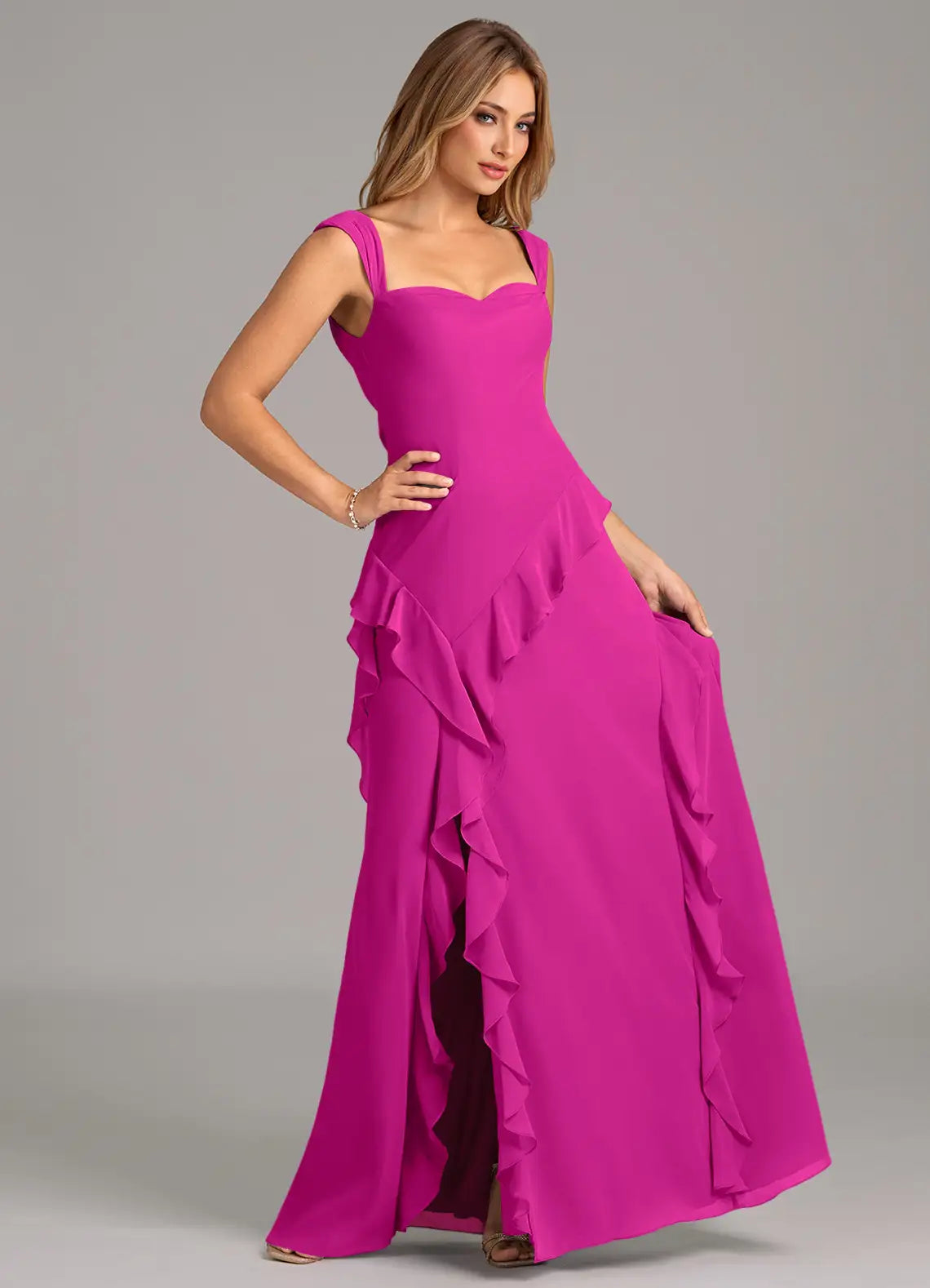 Romantic Flowy Sweetheart Cap Sleeve Cowl Back Floor-Length Ruffled Chiffon Bridesmaid Dress with High Slit