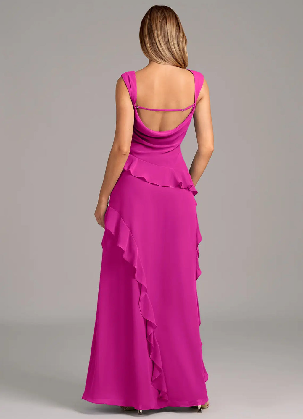 Romantic Flowy Sweetheart Cap Sleeve Cowl Back Floor-Length Ruffled Chiffon Bridesmaid Dress with High Slit