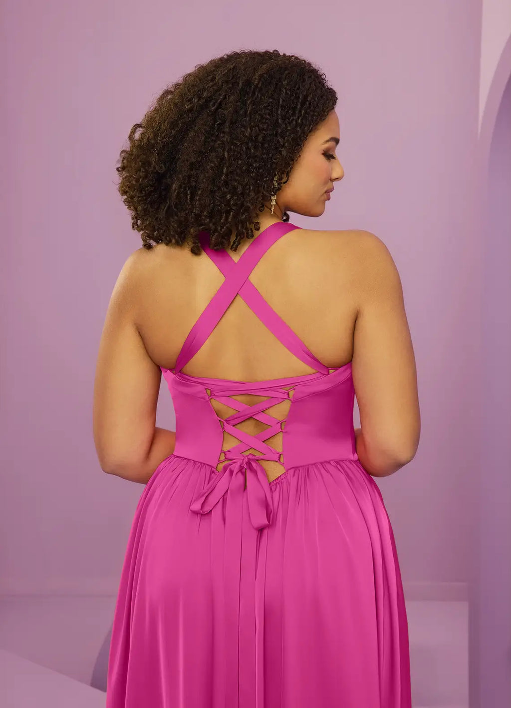 Romantic Flowy Sweetheart Halter Crisscross Lace-Up Back Floor-Length Satin Bridesmaid Dress for Wedding