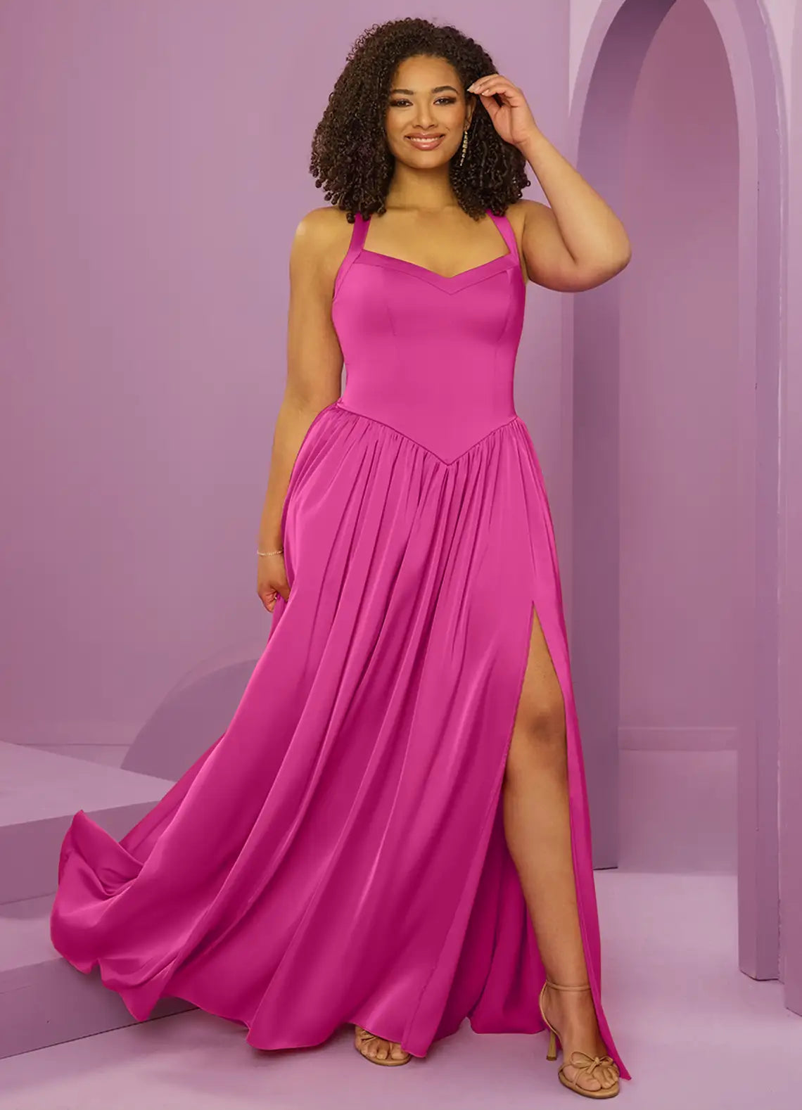 Romantic Flowy Sweetheart Halter Crisscross Lace-Up Back Floor-Length Satin Bridesmaid Dress for Wedding