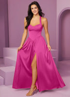 Romantic Flowy Sweetheart Halter Crisscross Lace-Up Back Floor-Length Satin Bridesmaid Dress for Wedding