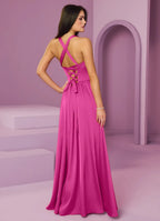 Romantic Flowy Sweetheart Halter Crisscross Lace-Up Back Floor-Length Satin Bridesmaid Dress for Wedding
