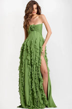 Green Romantic Ruffled Maxi Gown With 3d Floral Appliqué Prom Dress