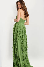 Green Romantic Ruffled Maxi Gown With 3d Floral Appliqué Prom Dress