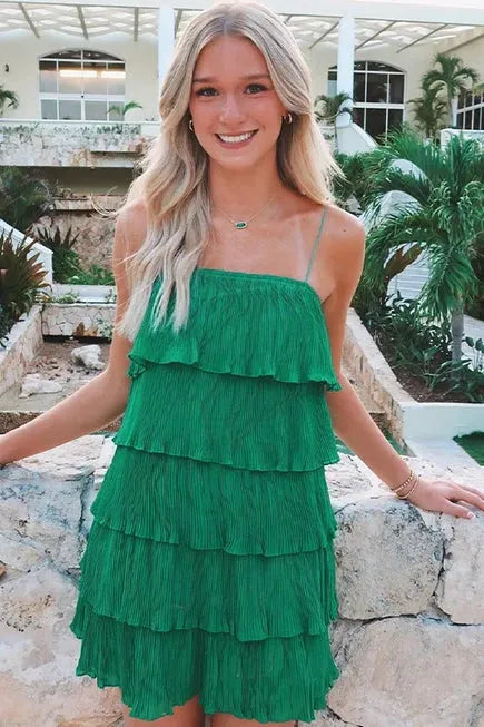 Green Romantic Spaghetti Strap Tiered Ruffled Mini Homecoming Dress