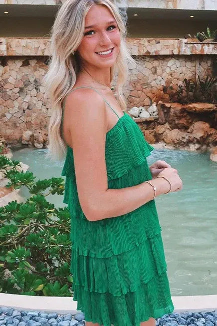 Green Romantic Spaghetti Strap Tiered Ruffled Mini Homecoming Dress