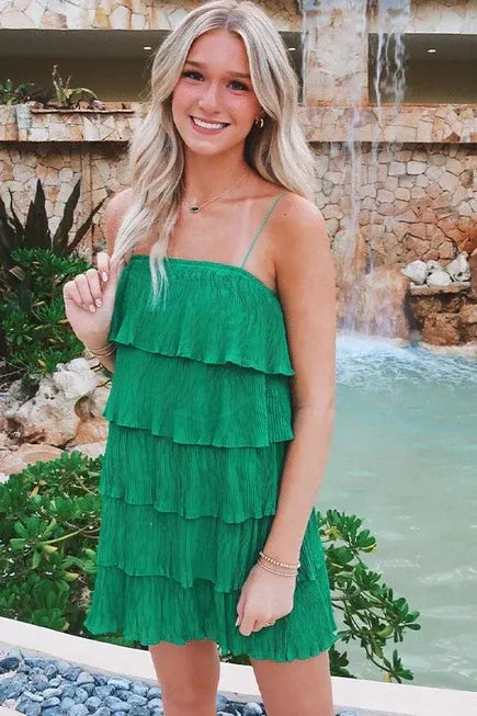 Green Romantic Spaghetti Strap Tiered Ruffled Mini Homecoming Dress