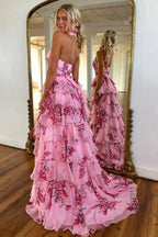Romantic High Neck Sleeveless A-Line Empire Tiered Slit Long Prom Dress