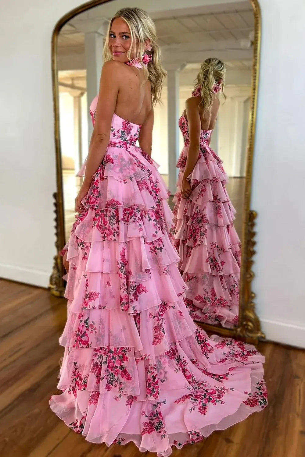 Romantic High Neck Sleeveless A-Line Empire Tiered Slit Long Prom Dress