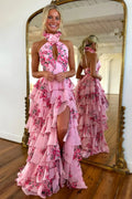 Romantic High Neck Sleeveless A-Line Empire Tiered Slit Long Prom Dress