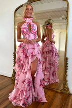 Romantic High Neck Sleeveless A-Line Empire Tiered Slit Long Prom Dress