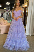 Lavender Romantic Lavender Off-Shoulder Tie Ruffled Glitter Gown