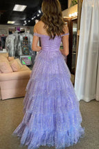 Lavender Romantic Lavender Off-Shoulder Tie Ruffled Glitter Gown
