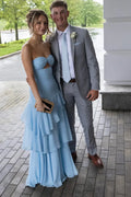 Light Blue Romantic Light Strapless Tiered Ruffled Maxi Prom Dress With Cutout