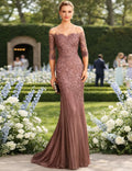 Romantic Mermaid Off-Shoulder 3/4 Sleeve Lace Applique Mocha Floor-Length Prom Dress For Women Ready To Ship