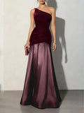 Romantic Mermaid One-Shoulder Sleeveless Ruched Burgundy Purple Maxi Prom Dress for Women Ready to Ship