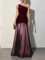 Romantic Mermaid One-Shoulder Sleeveless Ruched Burgundy Purple Maxi Prom Dress for Women Ready to Ship