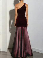 Romantic Mermaid One-Shoulder Sleeveless Ruched Burgundy Purple Maxi Prom Dress for Women Ready to Ship