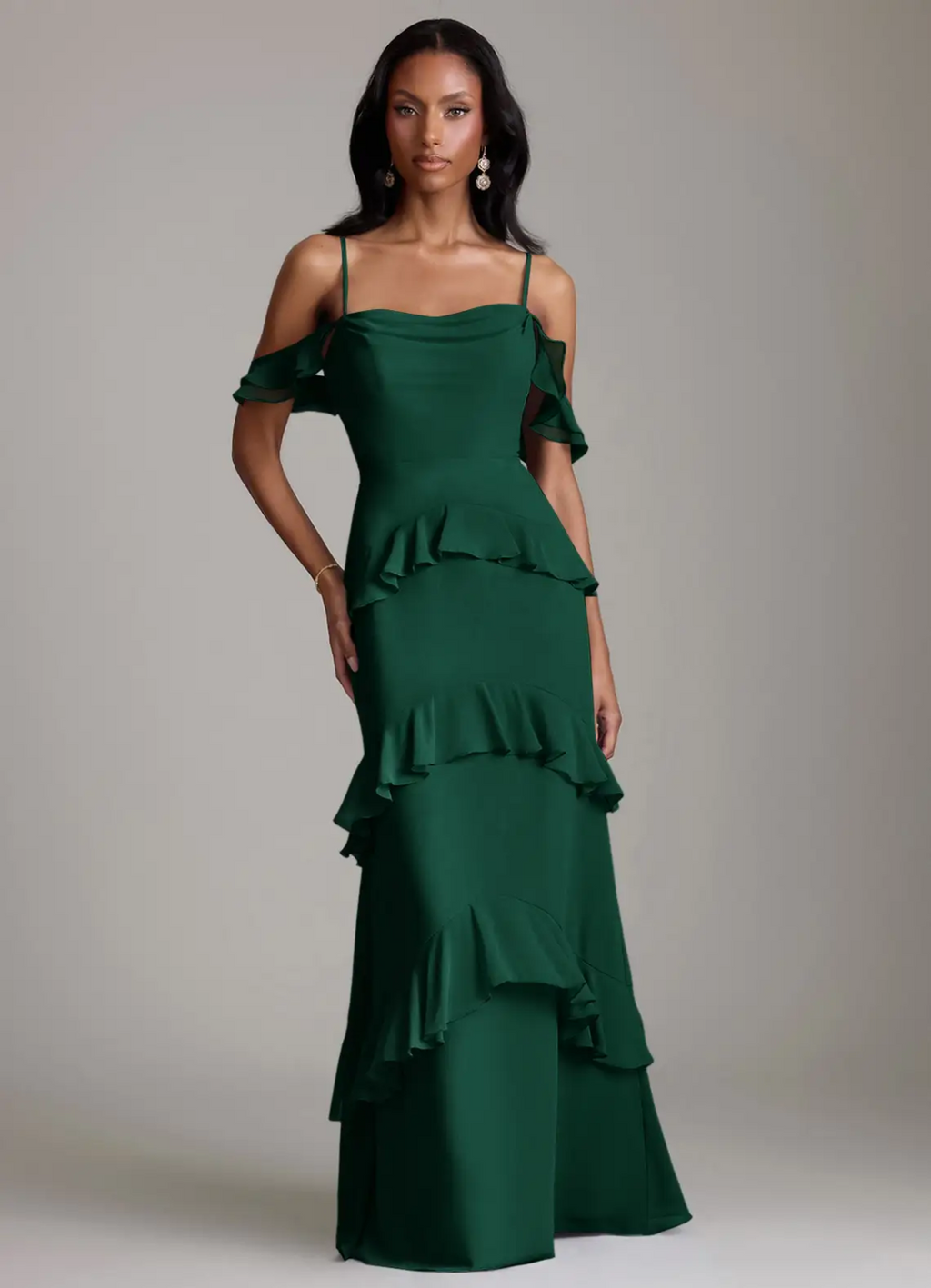Romantic Mermaid Silhouette Cold-Shoulder Ruffled Tiered Back Zipper Floor-Length Bridesmaid Dress