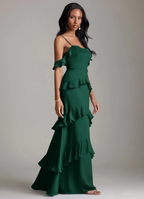 Romantic Mermaid Silhouette Cold-Shoulder Ruffled Tiered Back Zipper Floor-Length Bridesmaid Dress