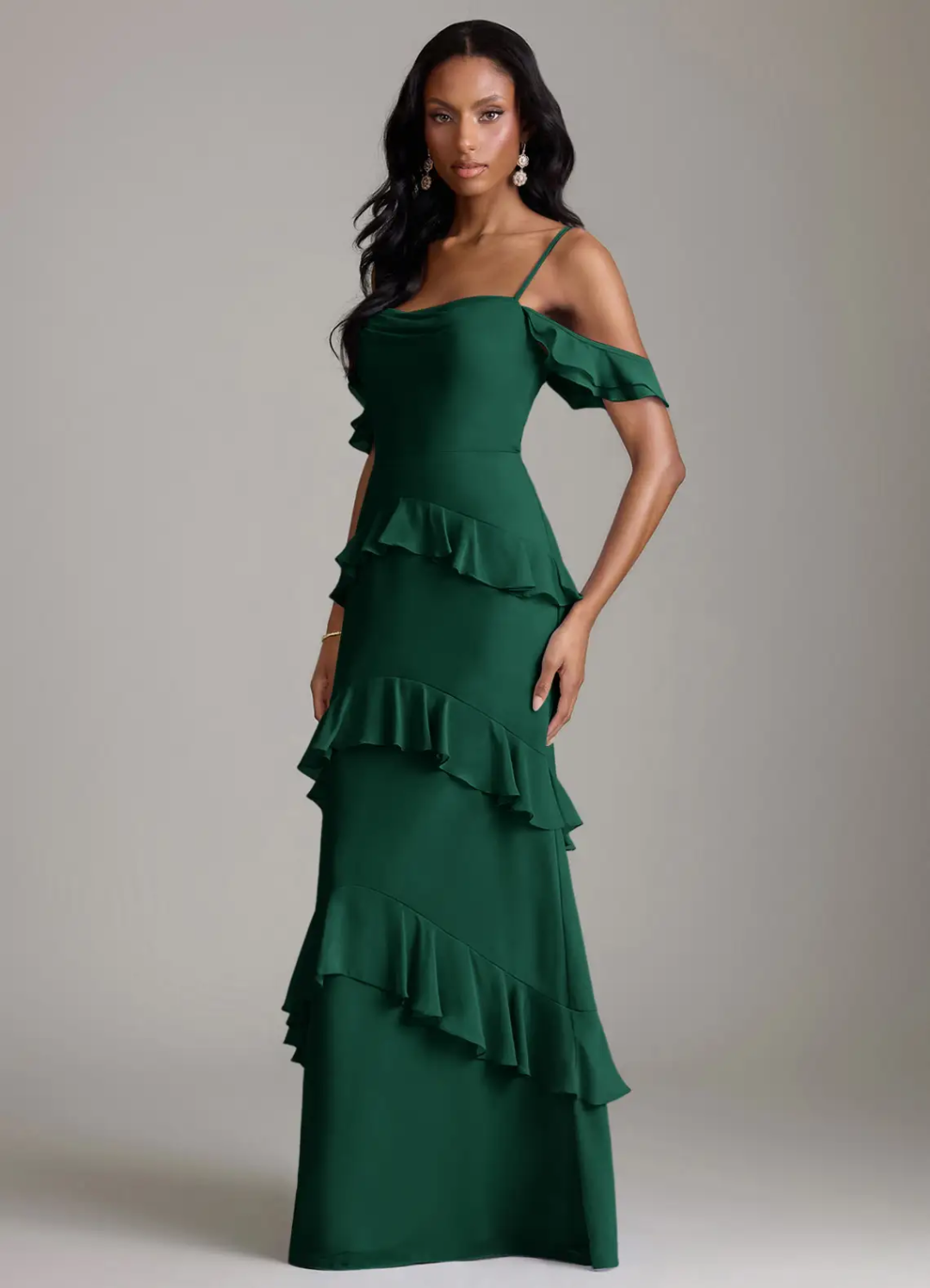 Romantic Mermaid Silhouette Cold-Shoulder Ruffled Tiered Back Zipper Floor-Length Bridesmaid Dress
