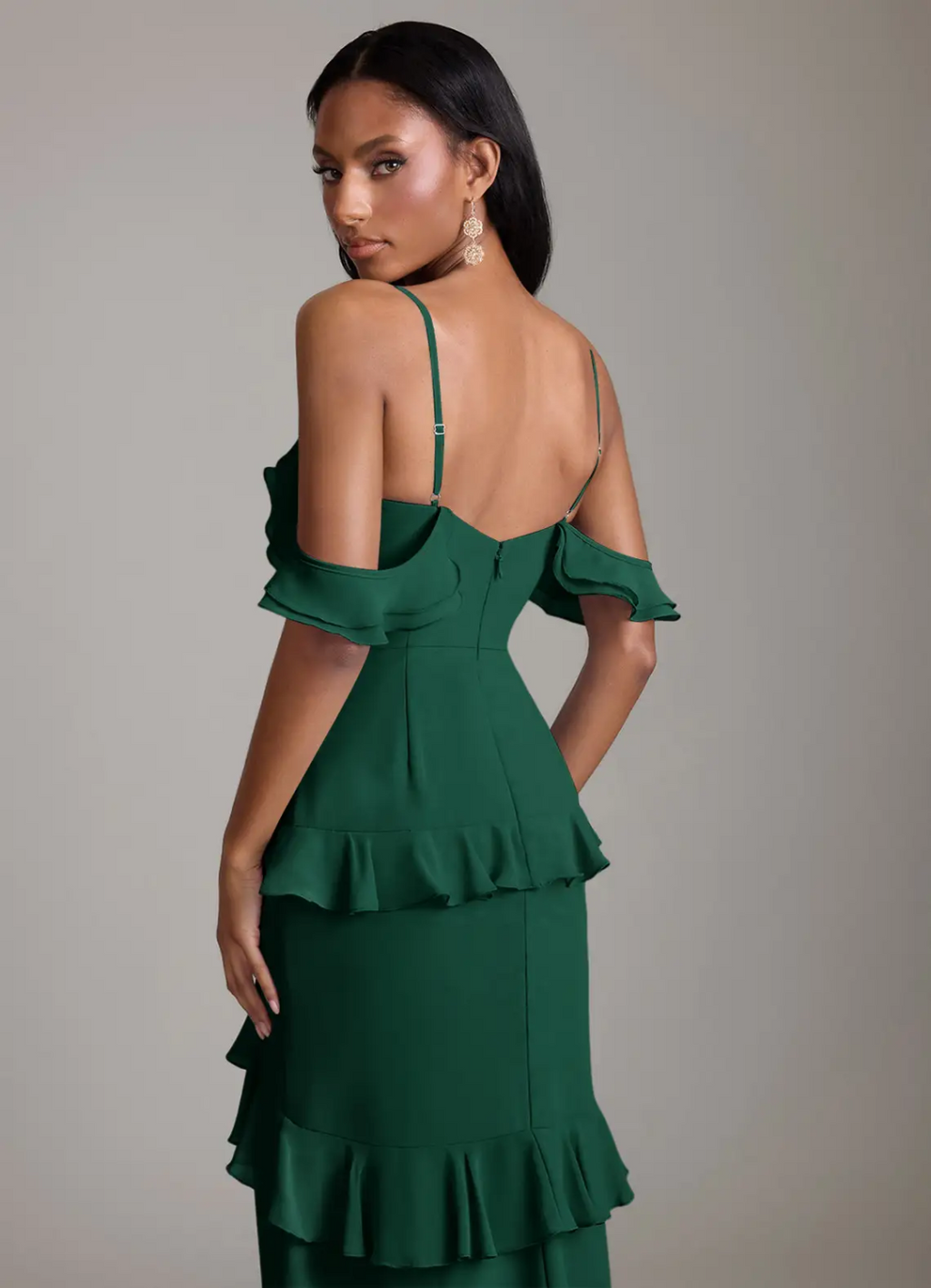 Romantic Mermaid Silhouette Cold-Shoulder Ruffled Tiered Back Zipper Floor-Length Bridesmaid Dress