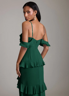 Romantic Mermaid Silhouette Cold-Shoulder Ruffled Tiered Back Zipper Floor-Length Bridesmaid Dress