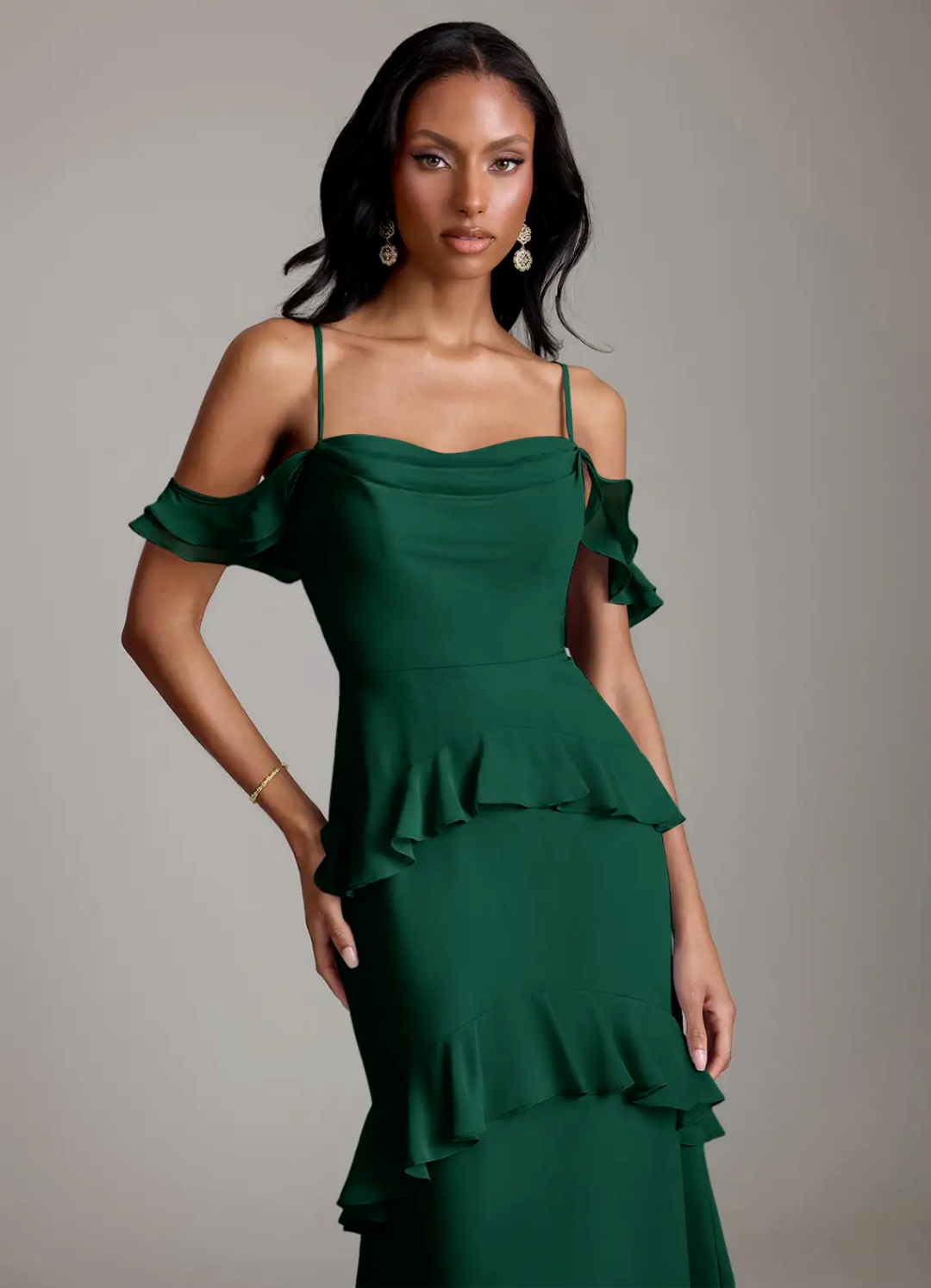 Romantic Mermaid Silhouette Cold-Shoulder Ruffled Tiered Back Zipper Floor-Length Bridesmaid Dress