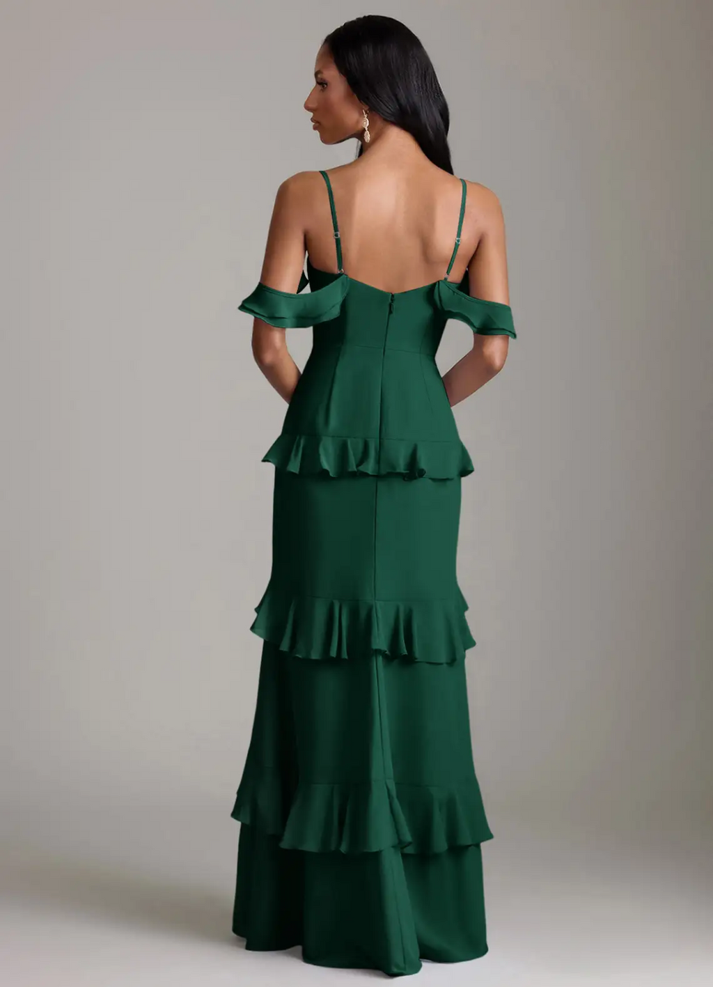 Romantic Mermaid Silhouette Cold-Shoulder Ruffled Tiered Back Zipper Floor-Length Bridesmaid Dress