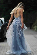 Mermaid Prom Dress Dusty Blue For Prom Goers With Spaghetti Straps Lace Appliques V Back And Elegant Train