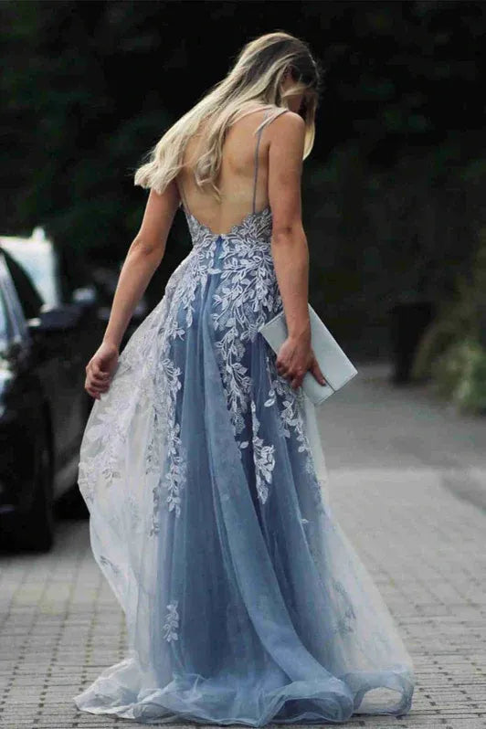 Mermaid Prom Dress Dusty Blue For Prom Goers With Spaghetti Straps Lace Appliques V Back And Elegant Train