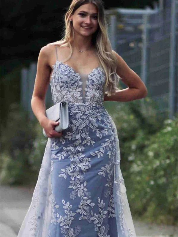 Mermaid Prom Dress Dusty Blue For Prom Goers With Spaghetti Straps Lace Appliques V Back And Elegant Train