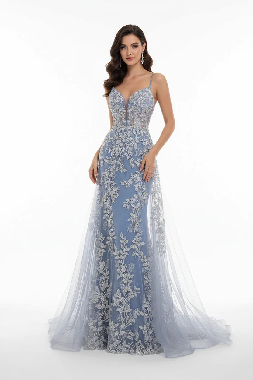 Mermaid Prom Dress Dusty Blue For Prom Goers With Spaghetti Straps Lace Appliques V Back And Elegant Train