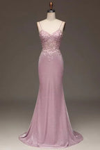 Romantic Mermaid Sweetheart Sleeveless Lace-appliqued Blush Floor-length Prom Dress for Women Custom