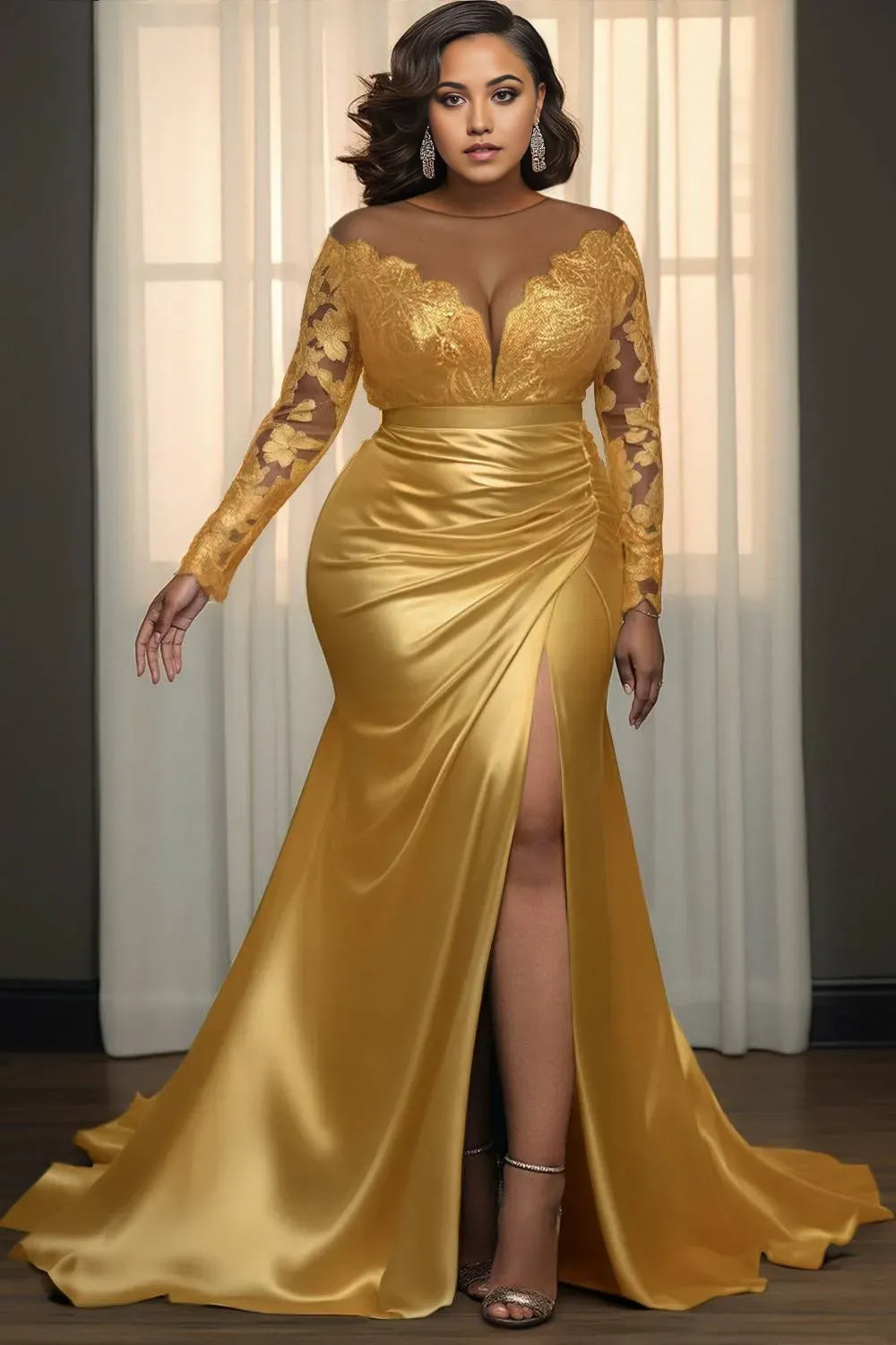 Romantic Mermaid/Trumpet Scoop Neck Long Sleeve Split Plus Size Floor Length Prom Dress