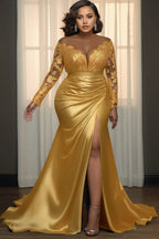 Romantic Mermaid/Trumpet Scoop Neck Long Sleeve Split Plus Size Floor Length Prom Dress