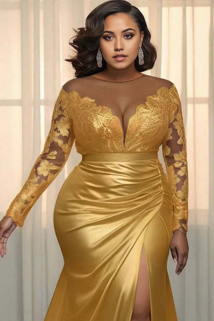 Romantic Mermaid/Trumpet Scoop Neck Long Sleeve Split Plus Size Floor Length Prom Dress