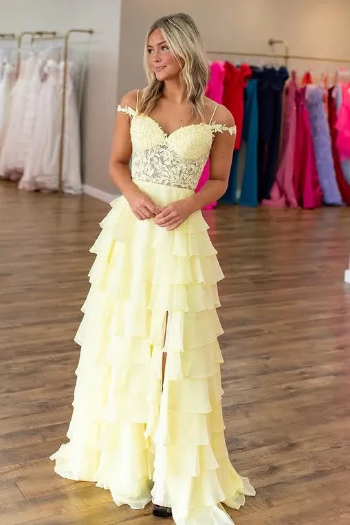 Romantic Off-Shoulder Sleeveless Empire A-Line Tiered Appliques Long Prom Dress