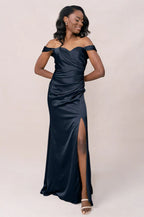 Romantic Off-Shoulder Sweetheart Neck Satin Mermaid Bridesmaid Dress with High Side Slit
