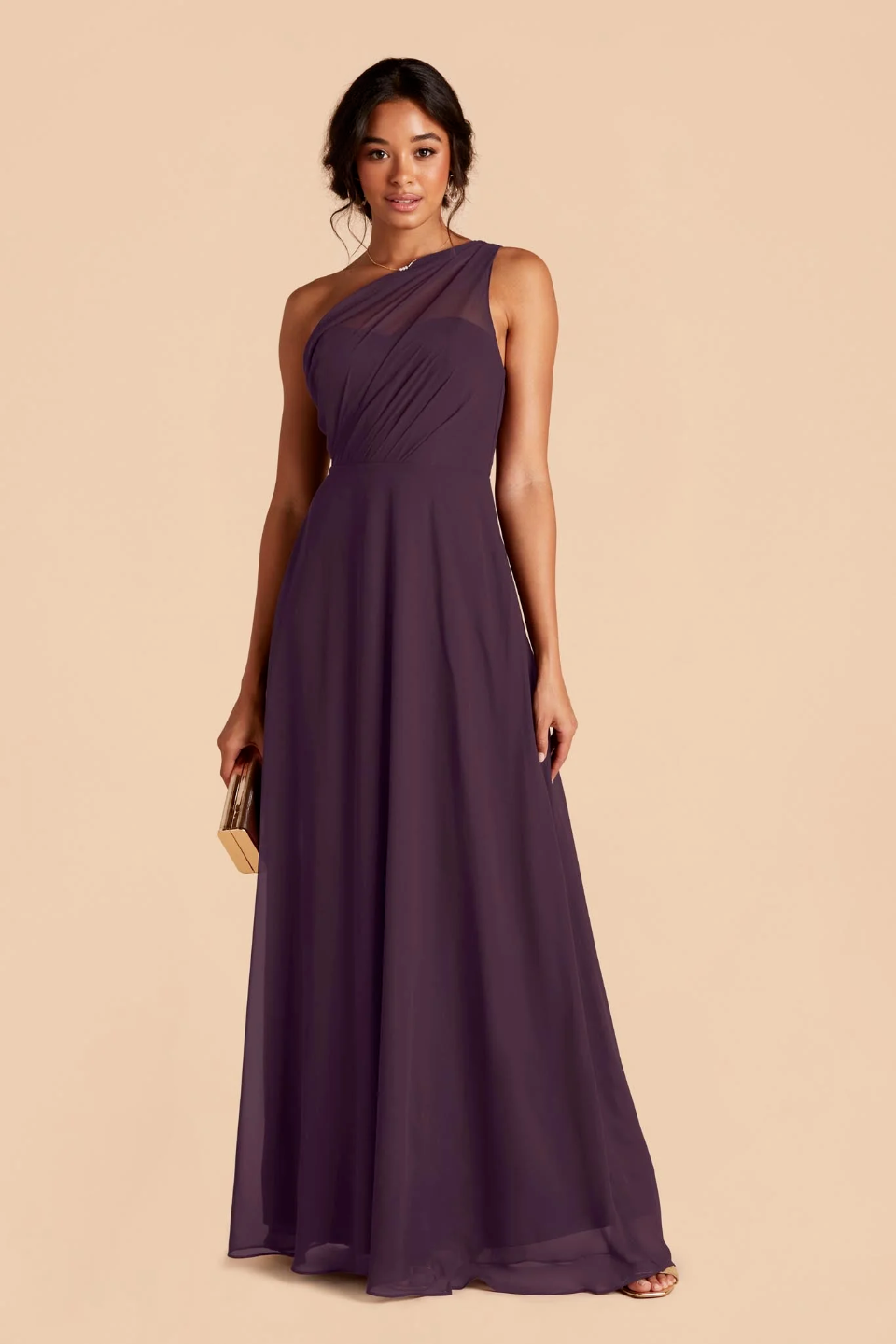 Romantic One-Shoulder Chiffon Bridesmaid Dress with Sheer Panel and Flowy Maxi Skirt