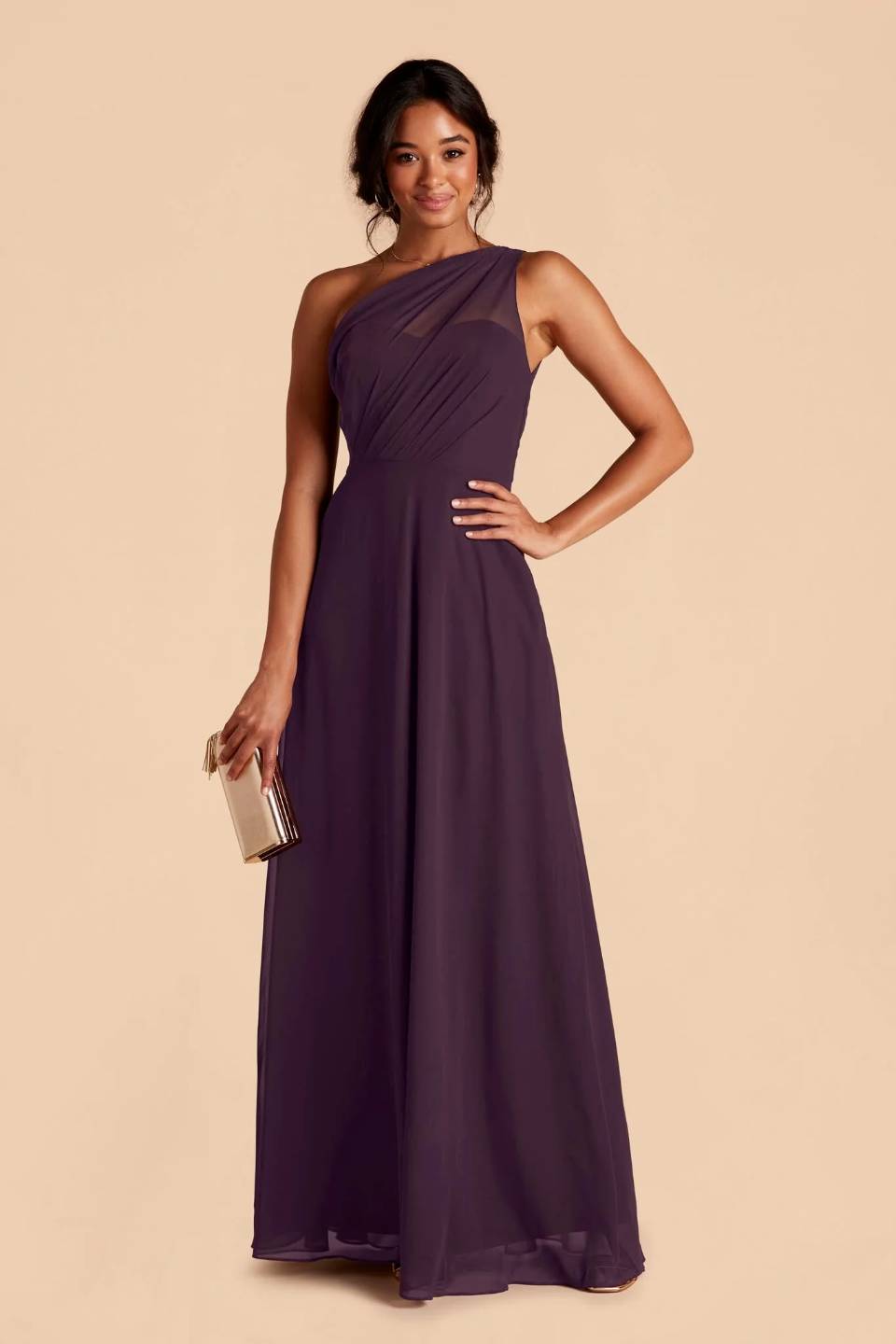 Romantic One-Shoulder Chiffon Bridesmaid Dress with Sheer Panel and Flowy Maxi Skirt