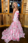 Pink Romantic Pink Floral Strapless Tie Ruffled Mermaid Gown