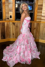 Pink Romantic Pink Floral Strapless Tie Ruffled Mermaid Gown